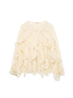 Women's Casual Ruffled Shirt Loose Lace Up Hollow Out V Neck Tops 2025 Spring Blouses Women Clothes