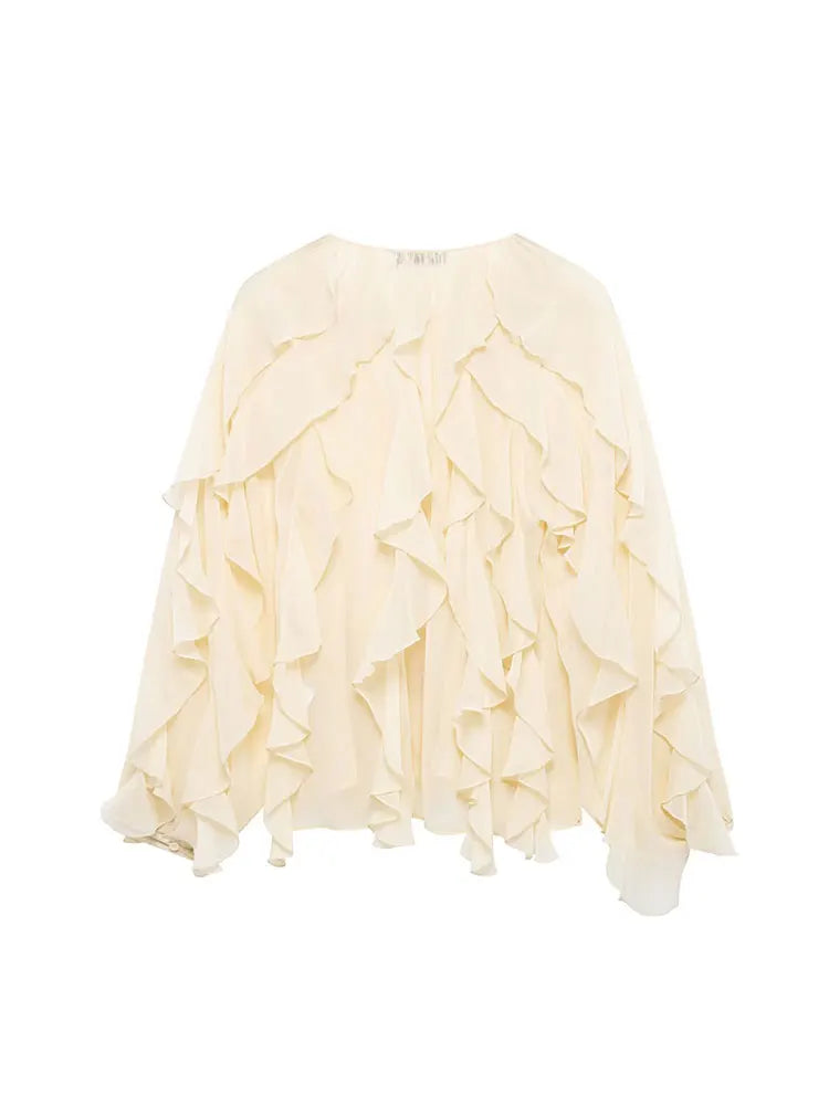 Women's Casual Ruffled Shirt Loose Lace Up Hollow Out V Neck Tops 2025 Spring Blouses Women Clothes