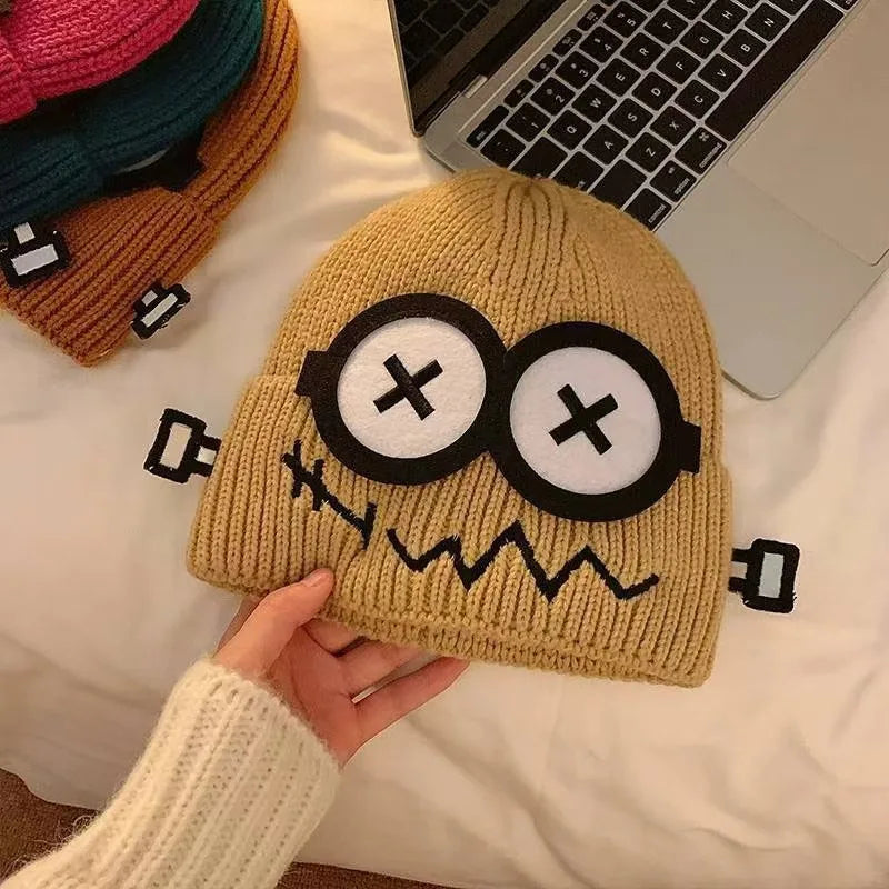 Winter Women Cartoon Hat Cute and Funny Knitted Hat Candy Colored Little Monster Glasses Cute and Warm Hat
