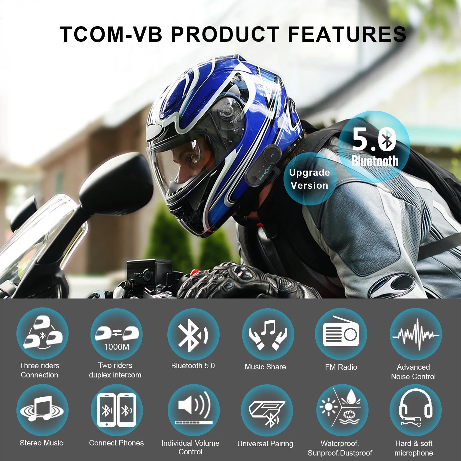 Freedconn Motorcycle Helmet Headset Stereo Bluetooth Hands Free Call Wireless Communication Interphone Music Sharing 6 Riders