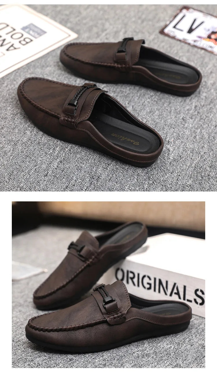 Men Half Slippers 2025 Summer Breathable Mens Casual Shoes Comfortable Walking Loafers Moccasins PU Leather Men Fashion Slippers