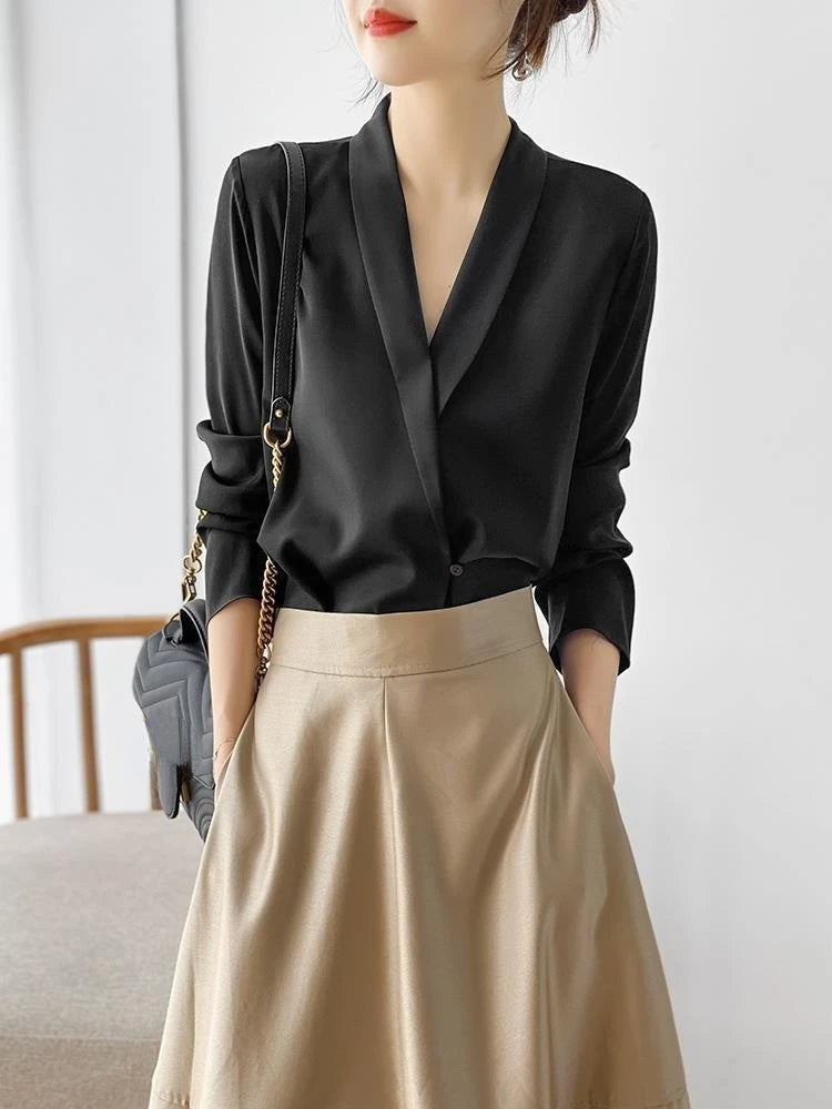 Women's Tunic V Neck Solid Color Elegant Blouses Spring Autumn Office Lady Silk Satin Solid Black White Long Sleeve Shirt Women