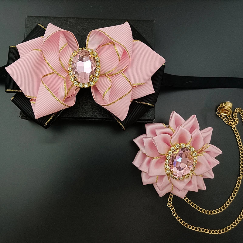 Wedding Bow Tie Corsage Men's Business Banquet Concert Suit Shirts Accessories Jewelry High-end Crystal Collar Flower Brooch Set