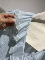 Lace Stitching Women's Pleated Blouse Summer Ruffles Edge V-Neck Puff Sleeve Casual Female Shirt