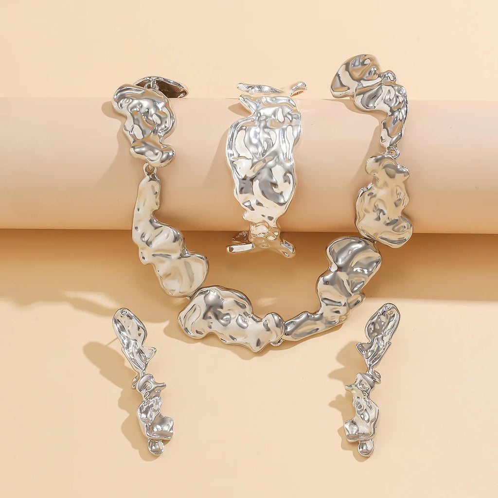 3Pcs Exaggerate Heavy Metal Liquid Irregular Necklace Vintage Statement Pleated Choker Women's Steampunk Jewelry Sets