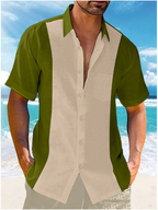 Men's Shirt New 2023 Casual Summer Shirt Beach Vacation Top Blue Short Sleeve Color Matching Lapel Front Pocket Clothing Fashion