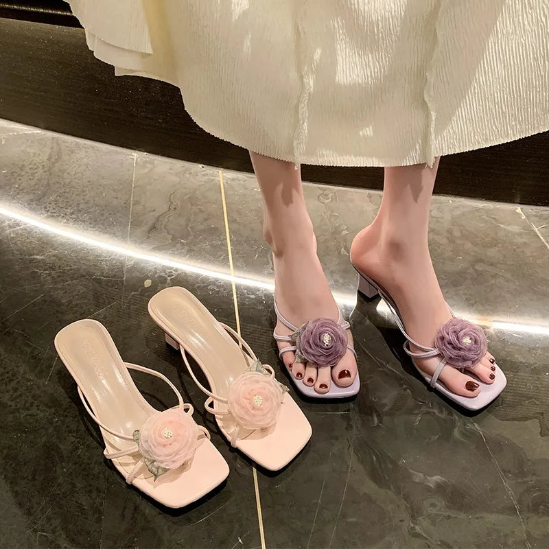 Slippers Women's Sandals Woman Summer 2024 Sweet Flowers Fashion Designer Slides Elegant Party Dress Medium Heel Footwear New In