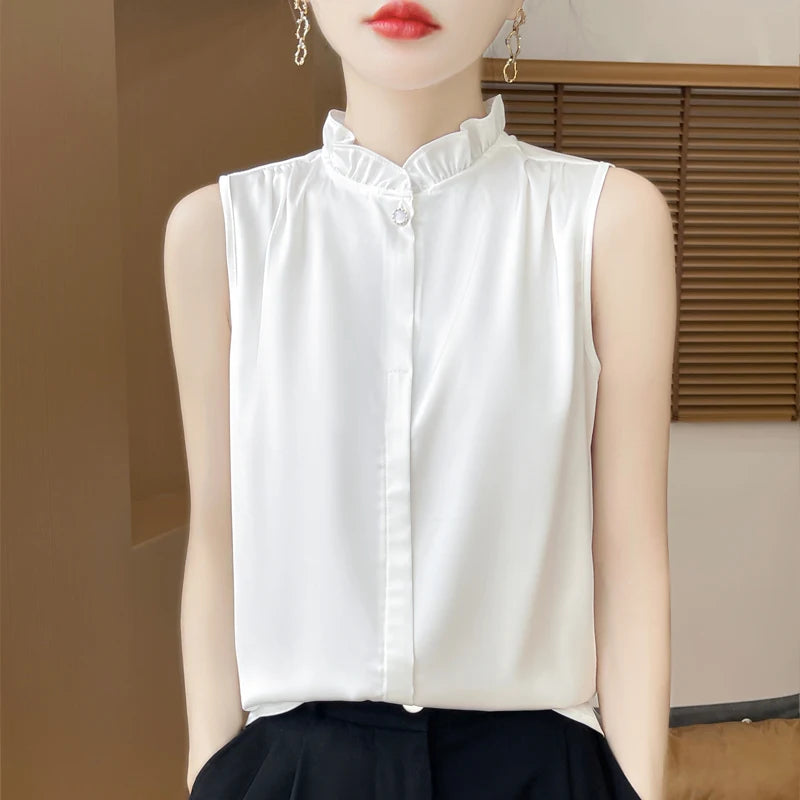 Women's T-shirt Ruffled Stand Collar Sleeveless Tops Loose Spring Summer Solid Tops Innerwear Casual Silk Ladies Tees Undershirt