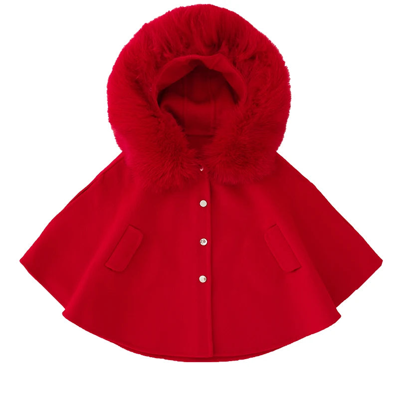 Winter Christmas Girls Woolen Coat  Woolen Cape Fox Fur Collar Kids Jacks for Girls Baby Girl Winter Cloths  Girls NewYear Coat