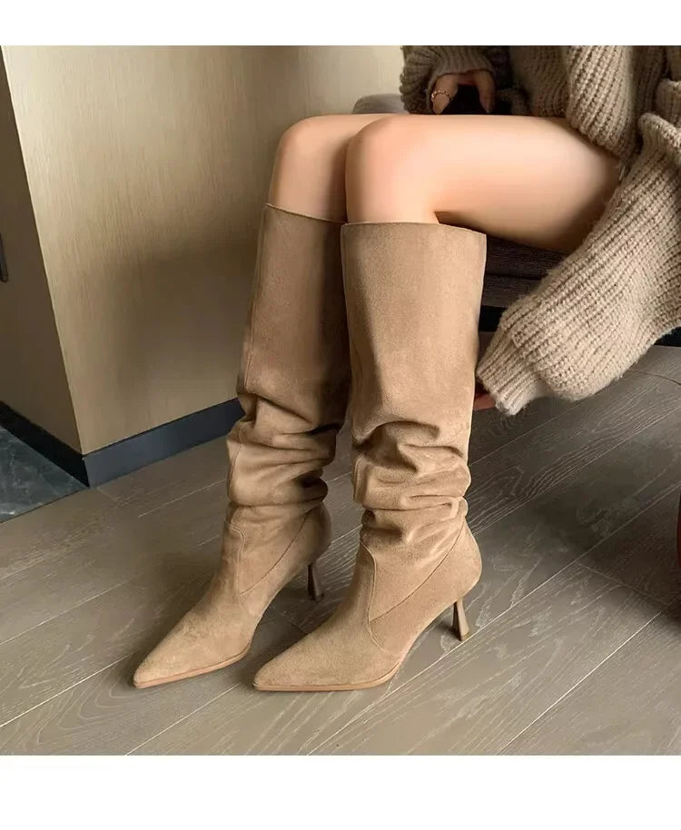 Women Pointed Toe Thin High Heels Ankle Boots  Autumn Fashion Pleated Cowboy Women Faux Suede Woman Slip on Western Botas
