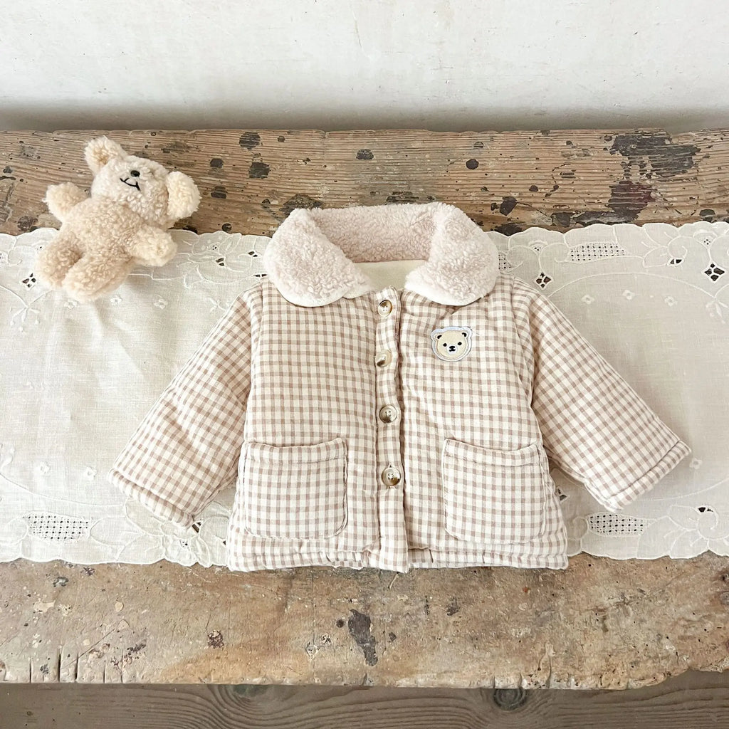 Winter Baby Girl Clothing  Plaid Coat Warm Fleece Lined Cartoon Bear Embroidery Children Cotton Padded Jacket
