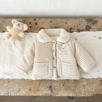 Winter Baby Girl Clothing  Plaid Coat Warm Fleece Lined Cartoon Bear Embroidery Children Cotton Padded Jacket