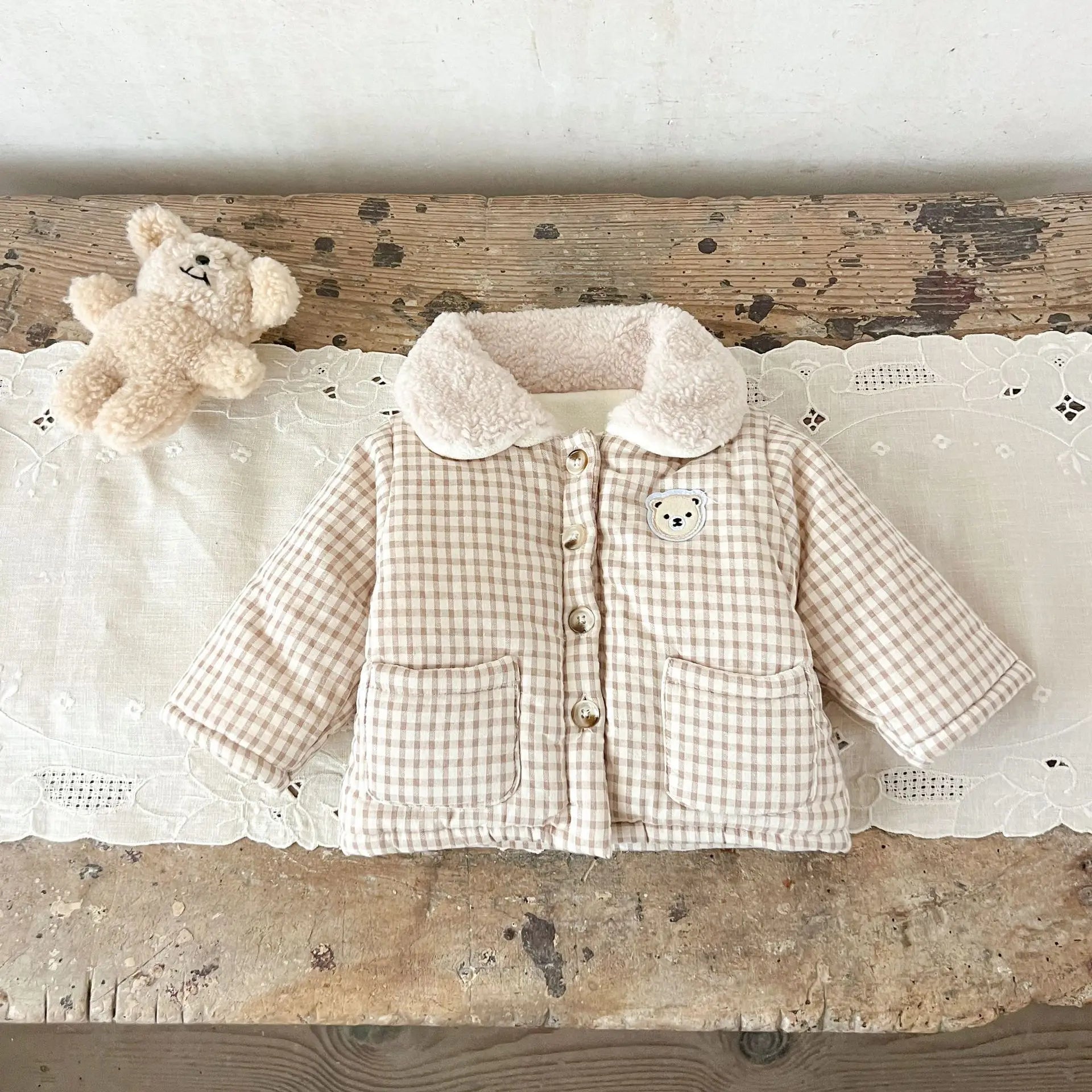 Winter Baby Girl Clothing  Plaid Coat Warm Fleece Lined Cartoon Bear Embroidery Children Cotton Padded Jacket