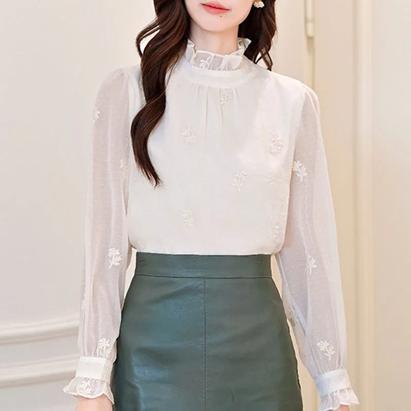Women Blouse Shirt New Long Sleeve Ruffled Collar Elegant Embroidery Blouse Shirt Women Tops Blouses Shirts Blusas Camisas Q770