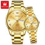 OLEVS Luxury Gold Couple Watches Stainless Steel Original Quartz Watch for Lover Waterproof Luminous Date Week Trend Dress New