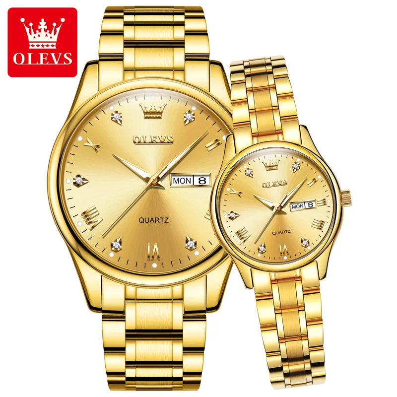 OLEVS Luxury Gold Couple Watches Stainless Steel Original Quartz Watch for Lover Waterproof Luminous Date Week Trend Dress New