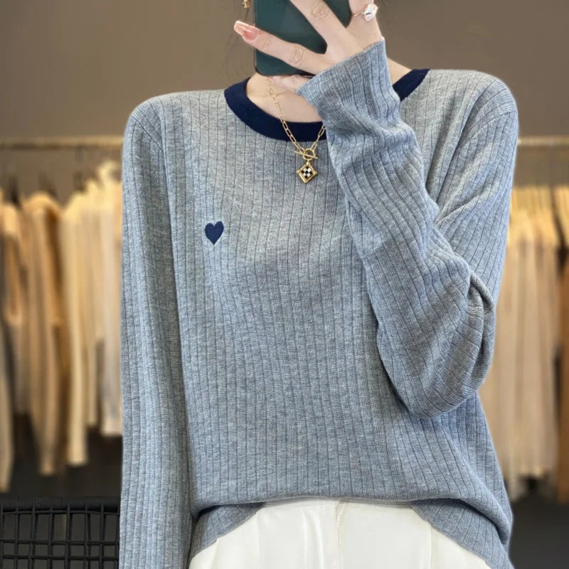 Women's Pullover Autumn/Winter 100% Wool Sweater Stitching Casual Knit Sweater Round Neck Tops Ladies Clothes Embroidery Blouse