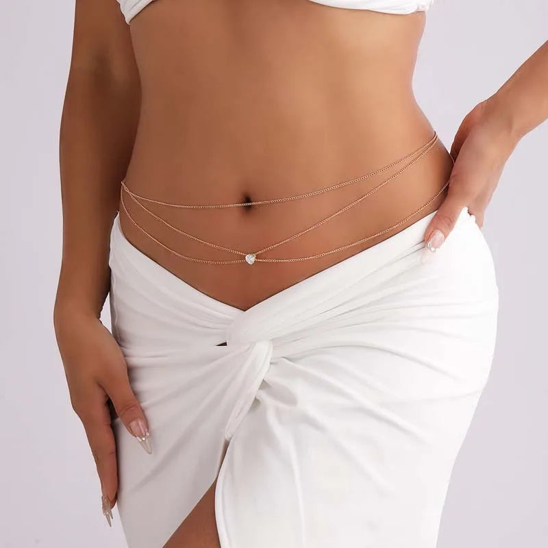 Fashion Metal Double Layered Cross Waist Chain for Women Simple Rhinestone Heart Thin Chain Body Chain Party Jewelry Accessories