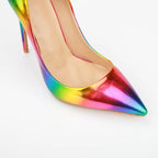 Brand Women High Heels 8-12CM Fashion Iridescent Pointed Toe Single Shoes Woman Thin Heel Summer Glossy Colorful Leather Pumps