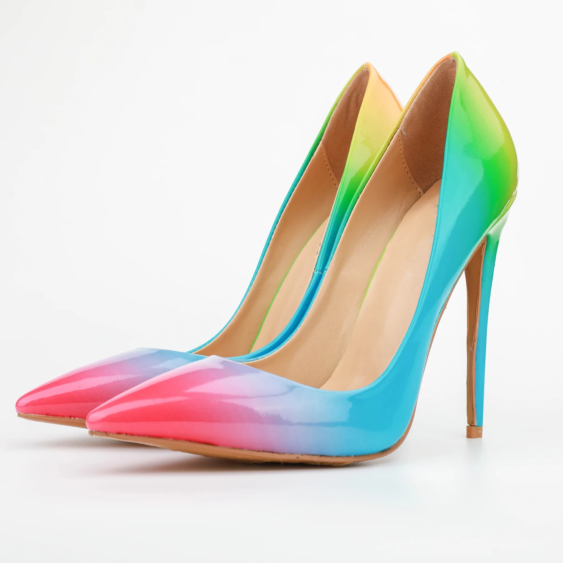 Brand Women High Heels 8-12CM Fashion Iridescent Pointed Toe Single Shoes Woman Thin Heel Summer Glossy Colorful Leather Pumps