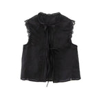 Women's Lace Embroidery Blouses, O Neck, Sleeveless, Front Tied, Female Shirts, Chic Tops, Fashion