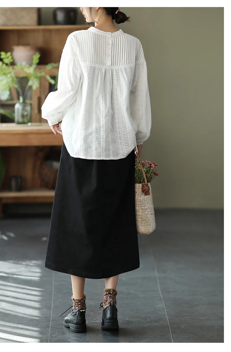 Women's elegant blouses 100% cotton embroidery hollow out white black shirts ladies office wear women long sleeve tops