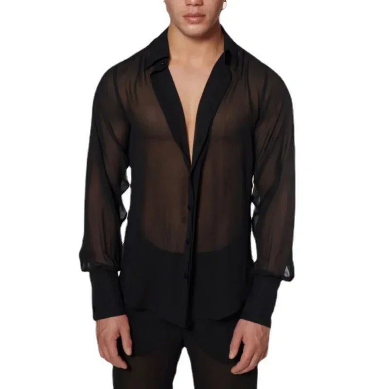 Summer Shirts for Men Black Thin Sheer Mens Shirt Breathable Casual Top Night Show Men