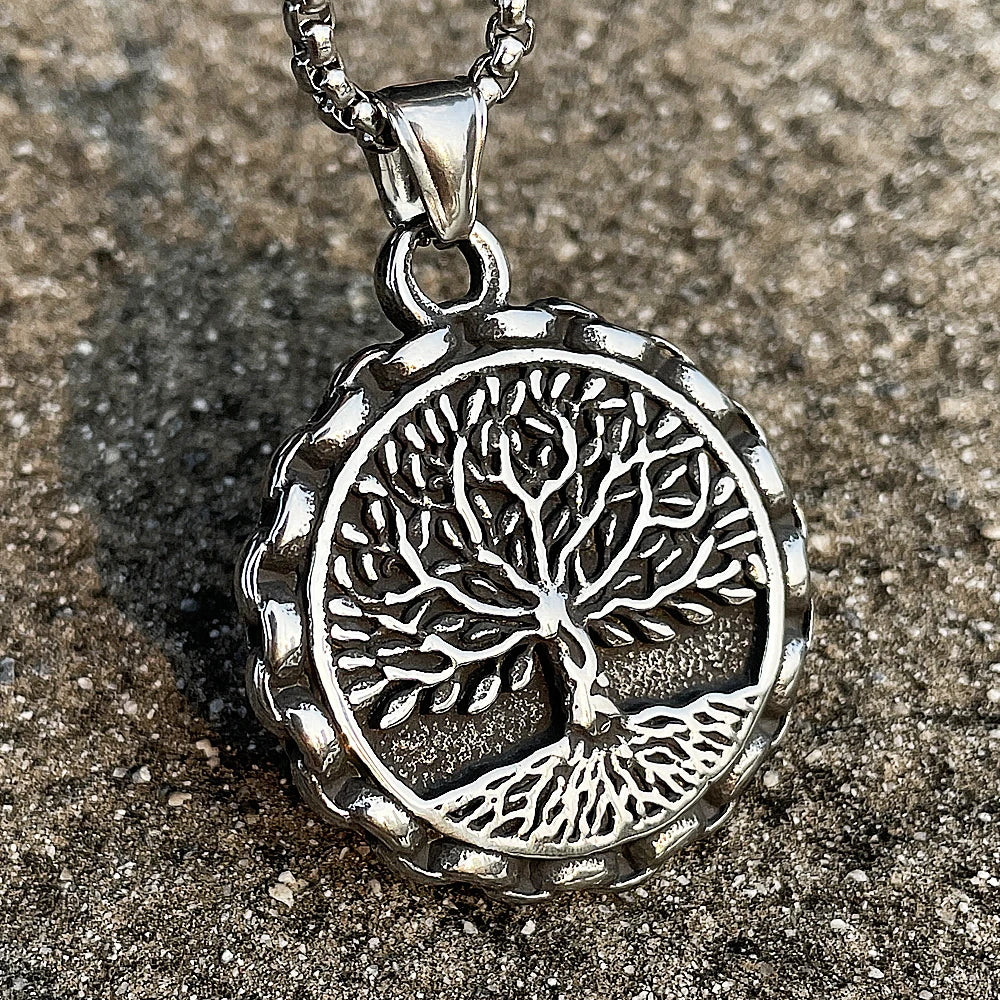 Nordic Stainless Steel Yggdrasil Necklace Pendant Men Double Sided Vintage Viking Tree of Life Pendant Amulet Viking Jewelry
