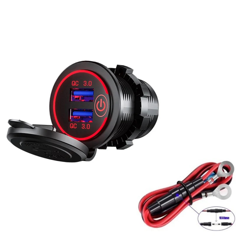 Quick Charge 3.0 Dual USB Fast Car Charger Socket Accessories Waterproof 12V/24V QC3.0 Power Outlet with Touch Switch&Led Light