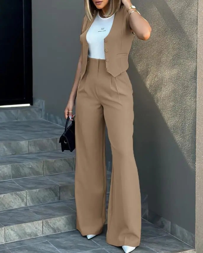 Pant Sets Women Wide Leg Pants Two Piece Suit Single Breasted Vets Sleeveless High Waist Elegant Trousers Pockets Solid Outwear