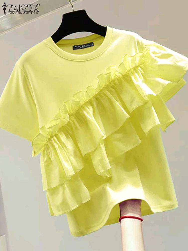 ZANZEA Women Ruffled Stitching Blouse Fashion Holiday O-neck Tops 2024 Summer Short Sleeve Tunics Casual Loose Solid Blusa Femme