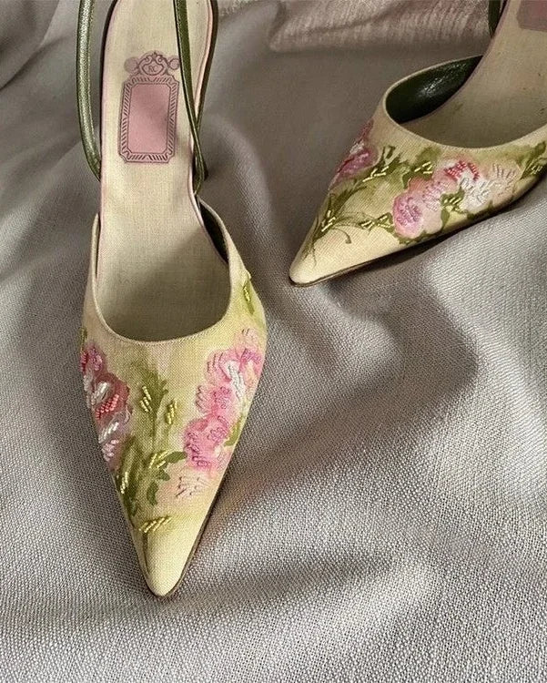 High Heels Women Sandals Flower Elegant Heeled Shoes Pointed Toe Woman Slippers S2025 Summer New Pumps Luxury Sandalias De Mujer