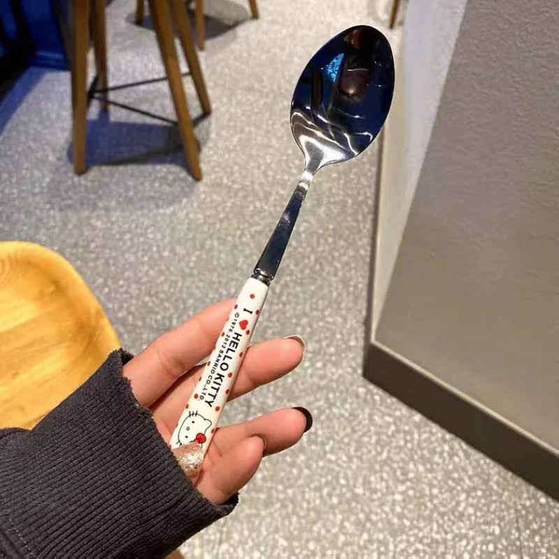 Anime Sanrio Hello Kitty Kitchen Tableware Stainless Steel Chopsticks Spoon Fork Office Portable Dinnerware Set Birthday Gifts