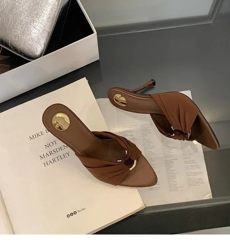 Elegant Woman Heeled Shoes 2025 New Open Toe Slippers Women Fashion Outdoor Metal Decoration Summer Plus Size Dress High Heels