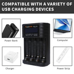 POWERKAN ALL4 AA/AAA 4-slot Small Convenient Battery Charger for 1.2V  Hi-MH& 1.5V/3.7VLi-ion With LCD Screen