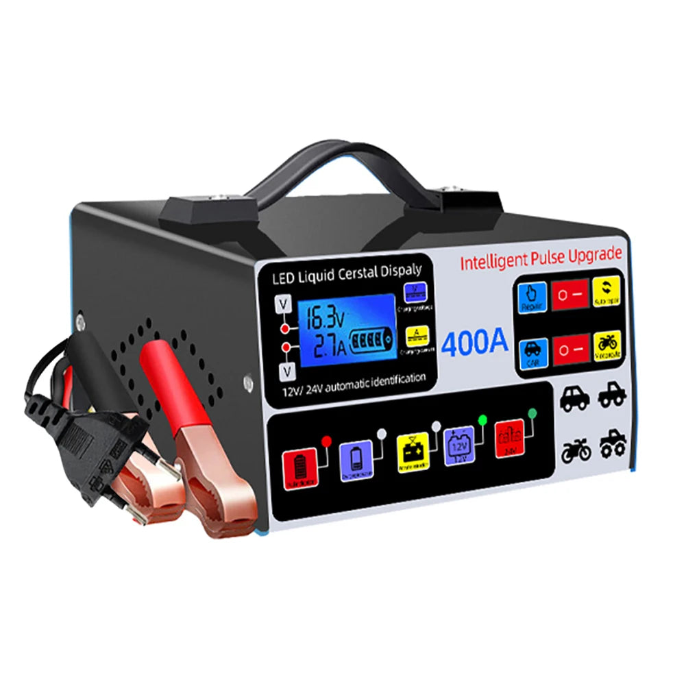 400A Car Battery Charger 220W Heavy Duty Smart Battery Charger 12V/24V Battery High Power Fast Charger Self-Stop Battery Charger