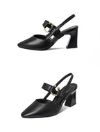 Sandals for Woman Summer 2024 High Heels One Word Women's Shoes Leather Pointed Toe Buckles Thick Heel Medium Footwear Comfort F