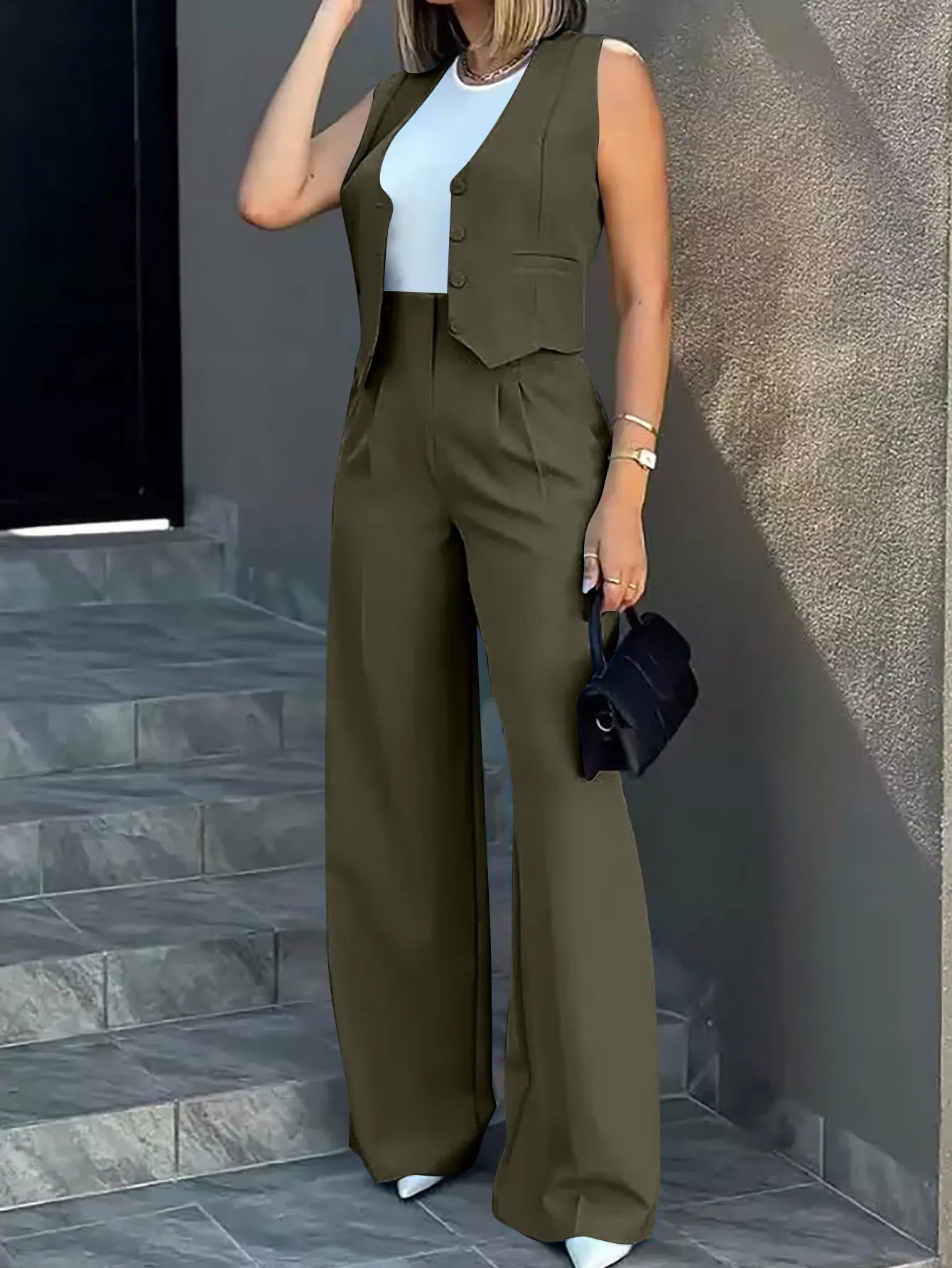 Pant Sets Women Wide Leg Pants Two Piece Suit Single Breasted Vets Sleeveless High Waist Elegant Trousers Pockets Solid Outwear