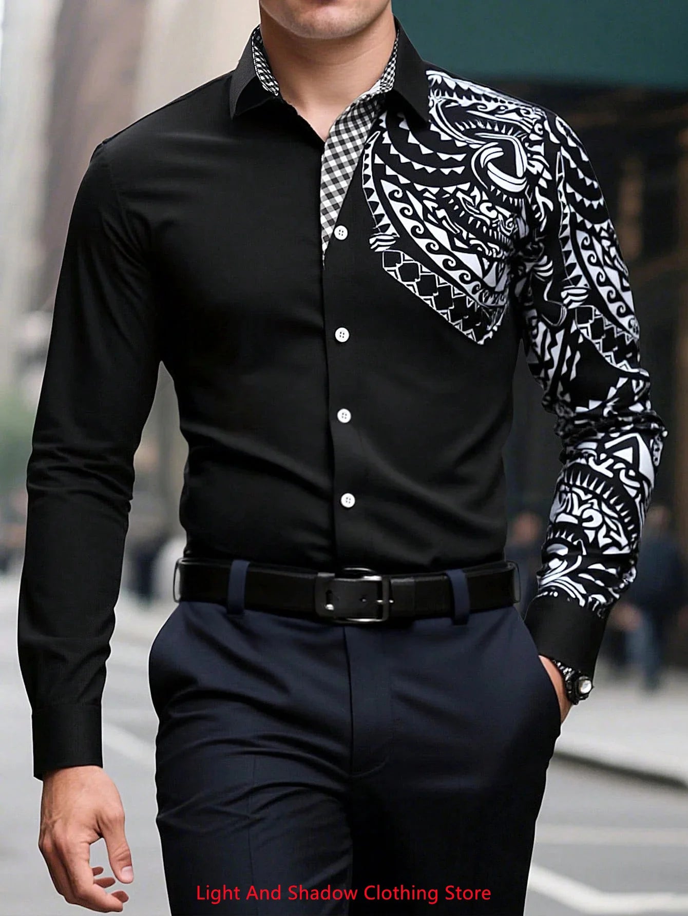 New men's fashionable business casual long sleeved shirt, classic printed collar, social party comfortable men's clothing