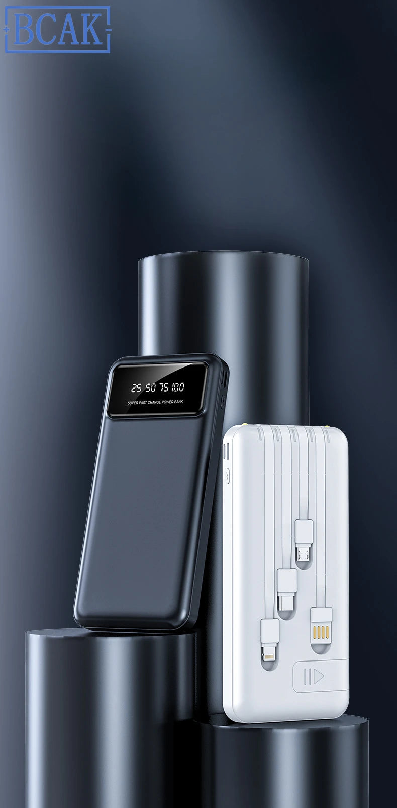 New Style BCAK power bank 20000mAh self-contained cable fast charging mini mobile phone gift mobile power supply