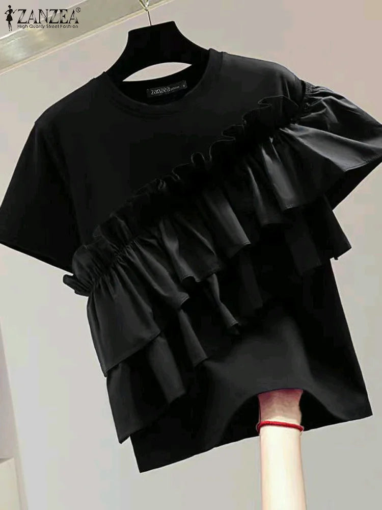 ZANZEA Women Ruffled Stitching Blouse Fashion Holiday O-neck Tops 2024 Summer Short Sleeve Tunics Casual Loose Solid Blusa Femme