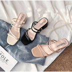 Women Sandals Ladies Square Heels Elegant Summer Slippers Outside Cross Tied Leather Female Slides 2021 Fashion Woman Sandals