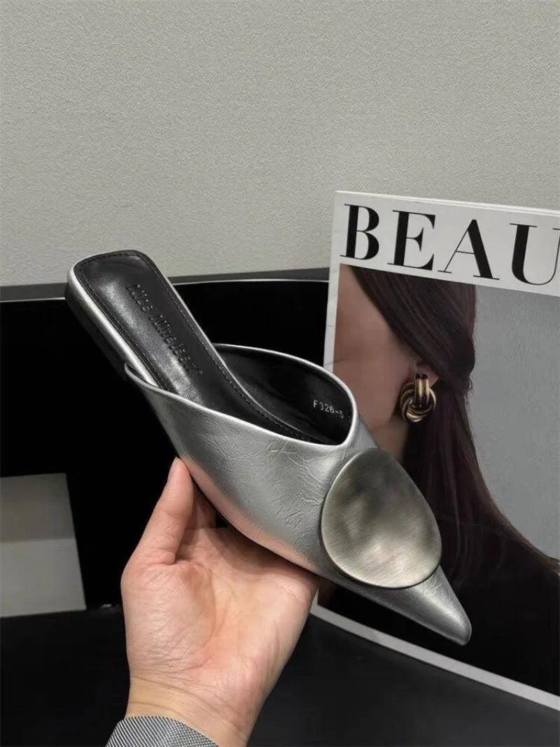 Female Slides Fashion Pointed Toe Flats Women Mules Slippers  Summer Beach Luxury Ladies Flats Slippers Sandals Shoes