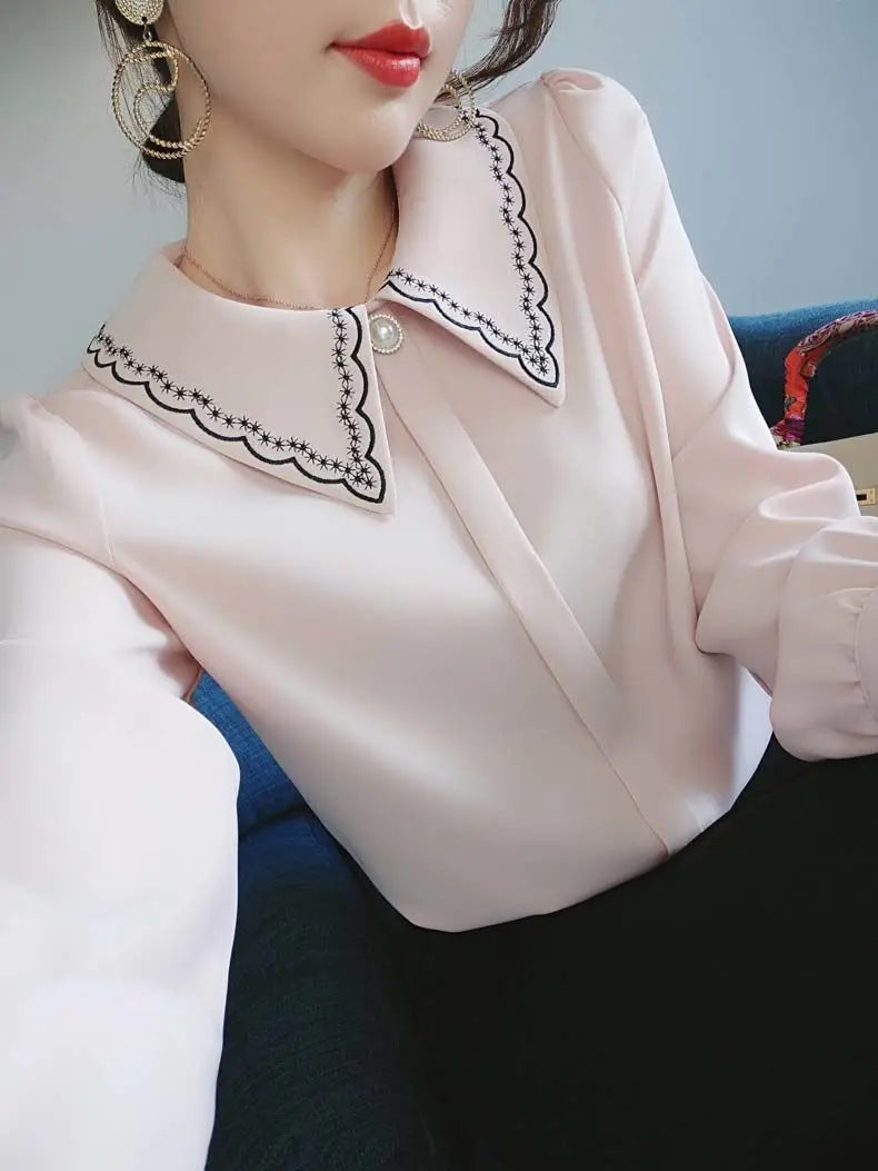 Women Embroidery Beaded Chic Luxury Design Shirts Spring Autumn Fashion Office Lady Blouse Solid Long Sleeve Tops Elegant Blusas