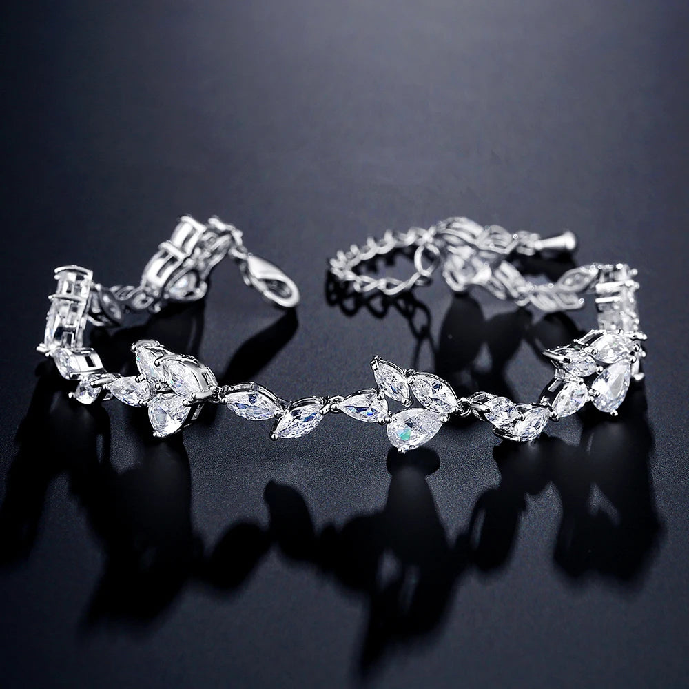 ZAKOL Luxury Water Drop Cubic Zirconia Charms Bracelets Silver Color Leaf Shape Wedding Party Jewelry Bijoux for Women