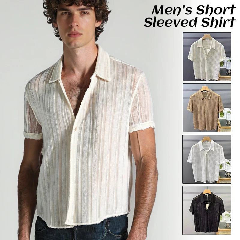 Men's Tops Hollow Short-sleeve Shirt Men Summer Thin Trendy Handsome French Light Luxury Drape Hawaiian Shirts