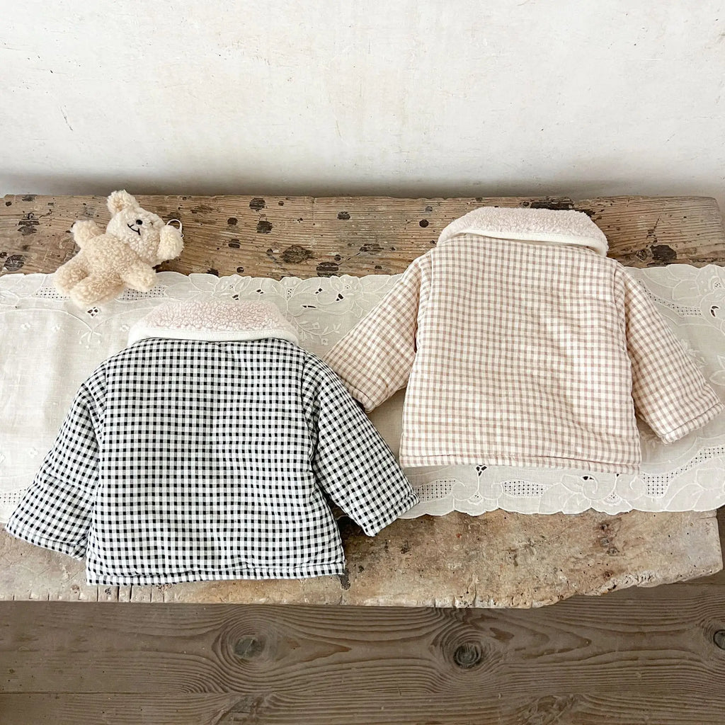 Winter Baby Girl Clothing  Plaid Coat Warm Fleece Lined Cartoon Bear Embroidery Children Cotton Padded Jacket