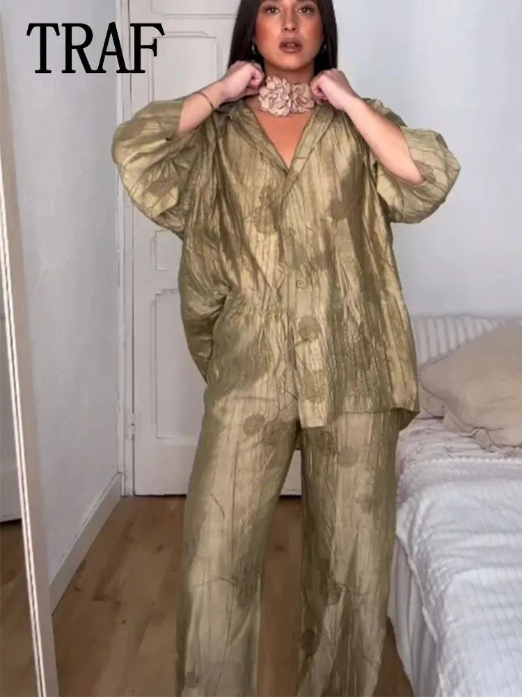 Women Print Long Pants Sets For Women Lapel Half Sleeve Single Breasted Shirts + High Waist Lace-Up Wide Leg Pants