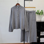 Pant Set Women Two Piece Sets Stand Collar Full Sleeve Knit Tops Wide Leg Long Pants Lace Up Elastic Waist Y2k Streetwear