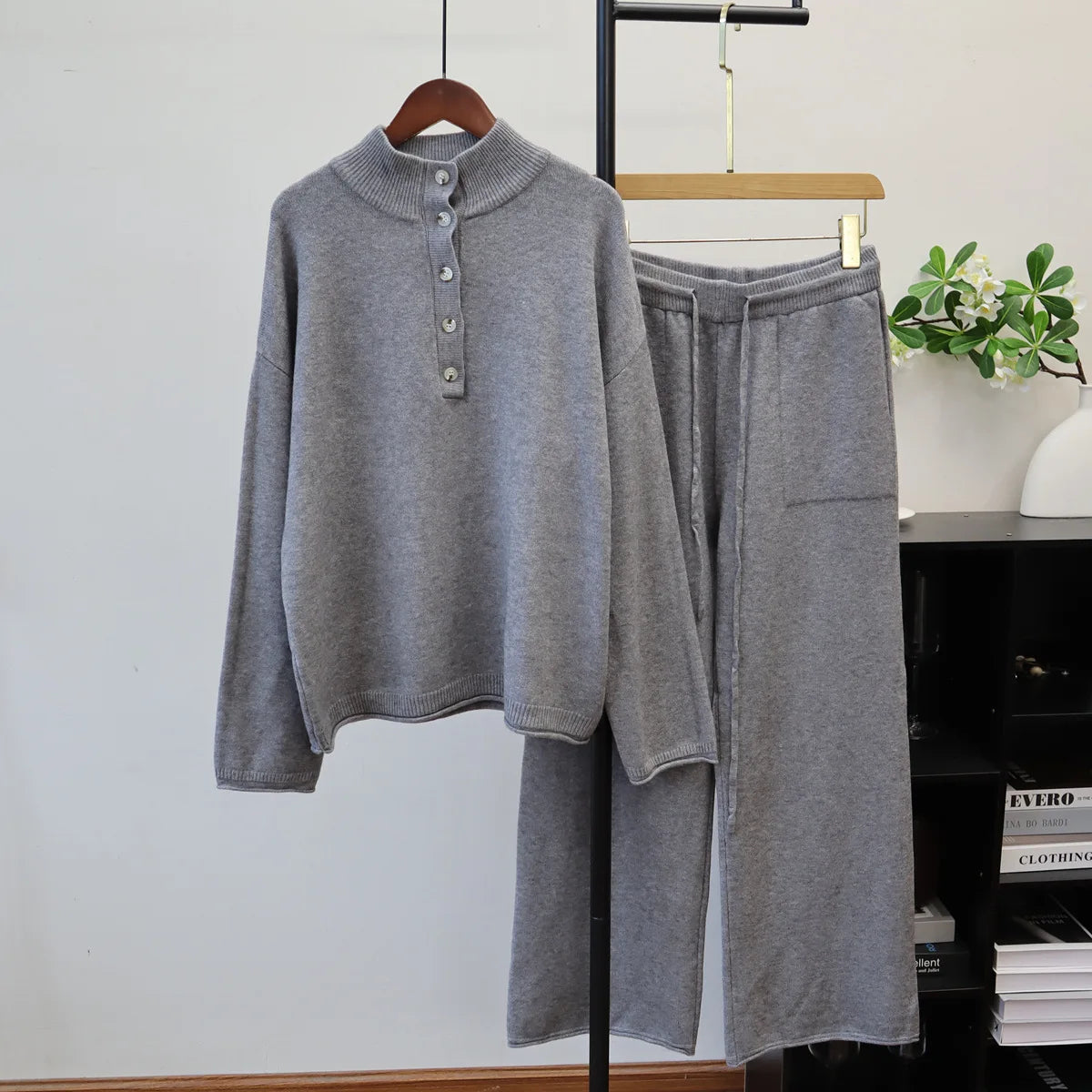 Pant Set Women Two Piece Sets Stand Collar Full Sleeve Knit Tops Wide Leg Long Pants Lace Up Elastic Waist Y2k Streetwear